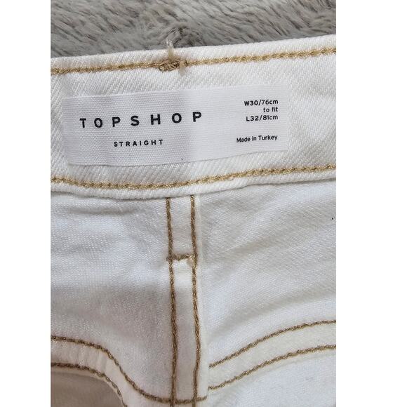 Topshop Straight Leg White Jeans, Raw Frayed Hem, Gold Rivets, Sz 8, NWT - Picture 10 of 12